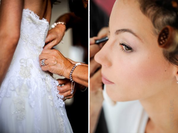 Gros plans sur le maquillage et le boutonnage de la robe