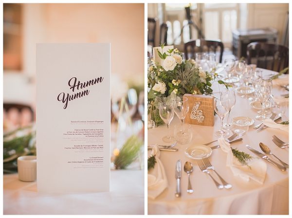 décoration de la table de réception avec menu