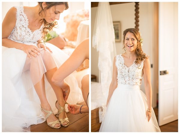 préparatifs de la mariée avec ajustement des chaussures
