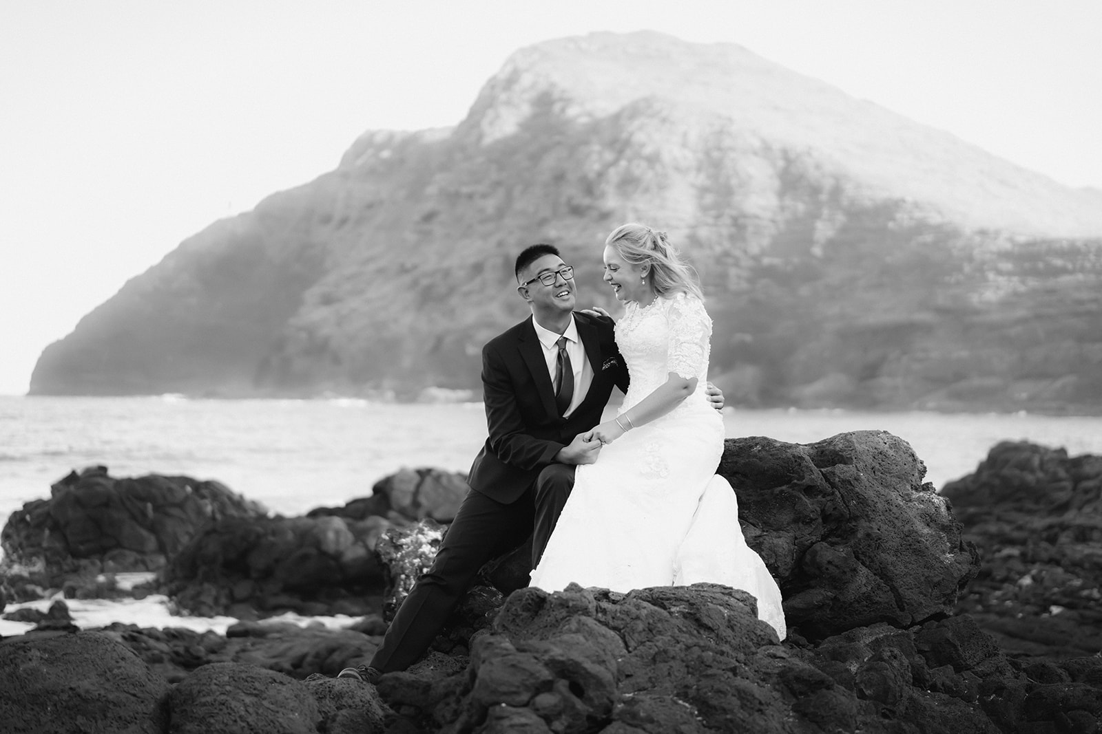 black and white photo Hawaii engagement Makapuu beach