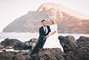 Makapuu beach hawaii engagement bride and groom laughing